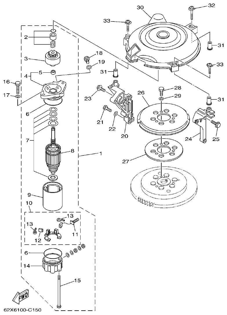Yamaha 40VMHO, 40VEO, 40YETO STARTING MOTOR parts diagram